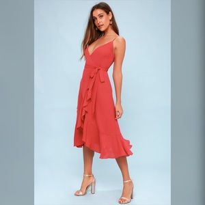 lulus ruffled midi wrap dress